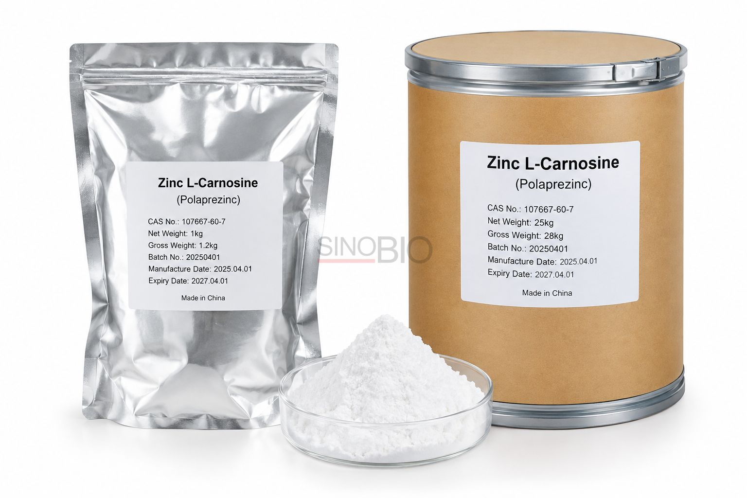 Zinc L-Carnosine Aluminum Foil Bag and Paperboard Drum Packaging كيس من رقائق الألومنيوم من الزنك L-Carnosine Polaprezinc وعبوة من الورق المقوى